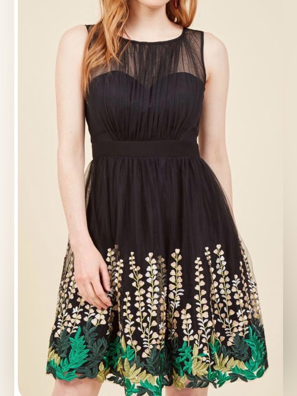 Geode Black Fit & Flare Dress Mesh Neckline Floral Embroidery L